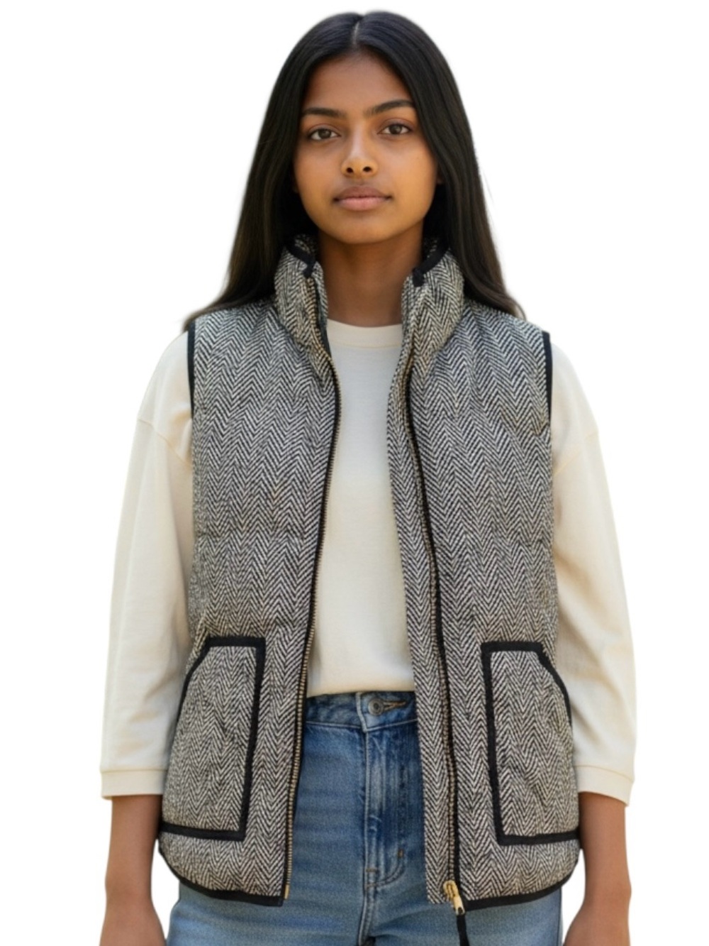 J.Crew Excursion Herringbone Vest Women’s S Black Cream Down Fill Puffer Quilted
